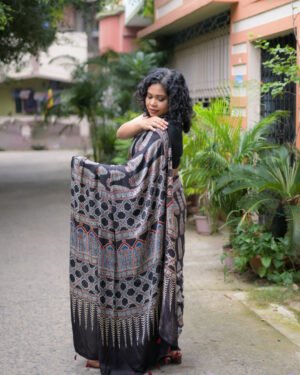Black Natural Colour Handblock Print Primium Modal Silk Ajrakh