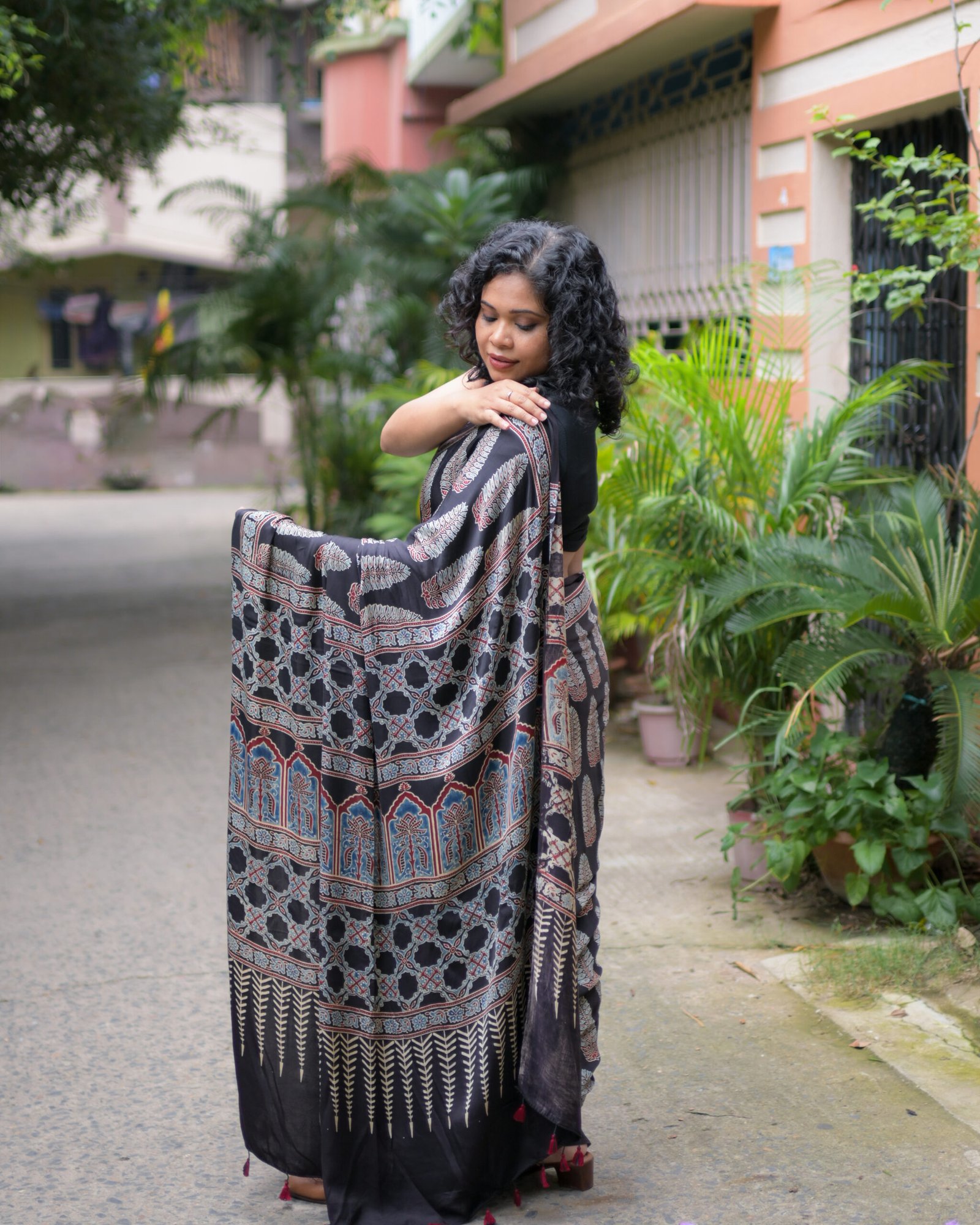Black Natural Colour Handblock Print Primium Modal Silk Ajrakh