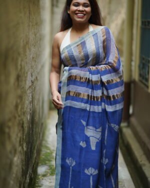 BLUE & GOLD ZARI HANDWEAVED LINEN JAMDANI