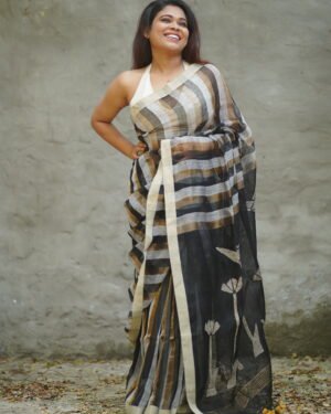BLACK & GOLD ZARI HANDWEAVED LINEN JAMDANI