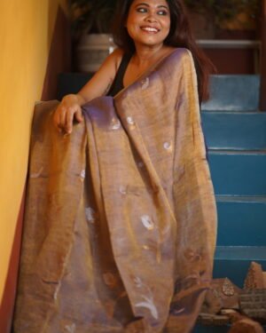 BLUE & GOLD TISSUE HANDWEAVED LINEN JAMDANI